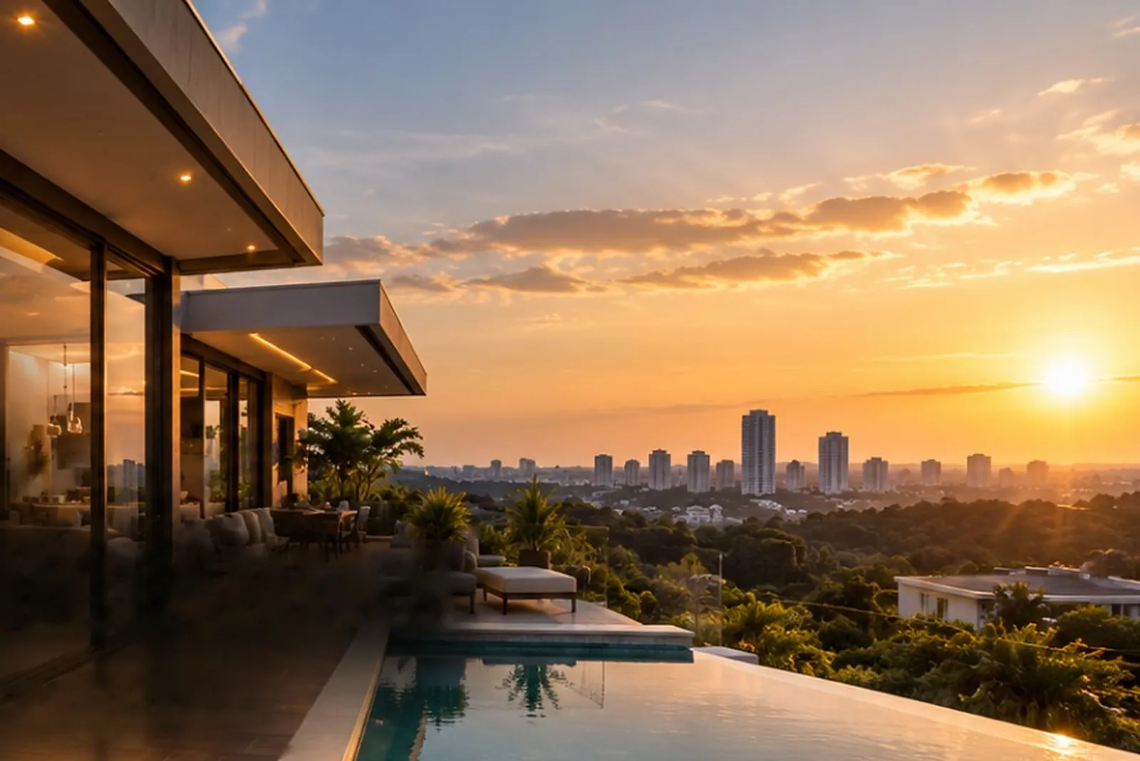 Casa moderna com paredes de vidro e piscina de borda infinita ao pôr do sol